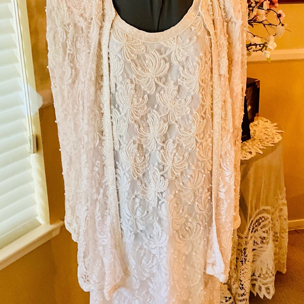 Cream Lace Pearls sequins Long Jacket  and Dress (2 pieces) reduction sale 2026